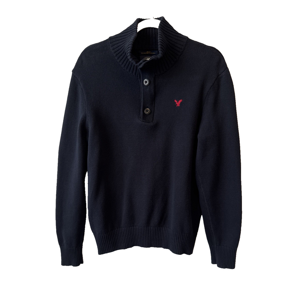 American Eagle Outfitters Sweater Men's L Preppy Athletic Fit Logo Pullover Navy